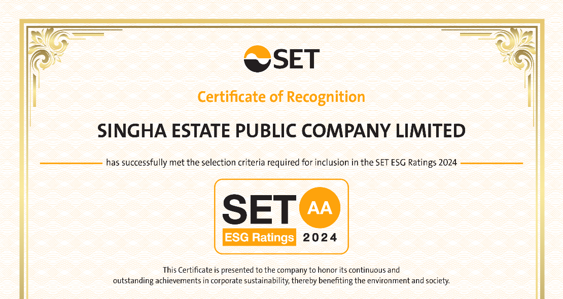 ‘สิงห์ เอสเตท’ คว้าคะแนน ESG ระดับ AA จาก SET ESG Ratings <br>สะท้อนถึงความมุ่งมั่นในการนำหลัก 
กำกับดูแลกิจการที่ดีและการพัฒนาอย่างยั่งยืน <br>ผสานเป็นส่วนหนึ่งของการดำเนินธุรกิจทั้งด้าน ESG
